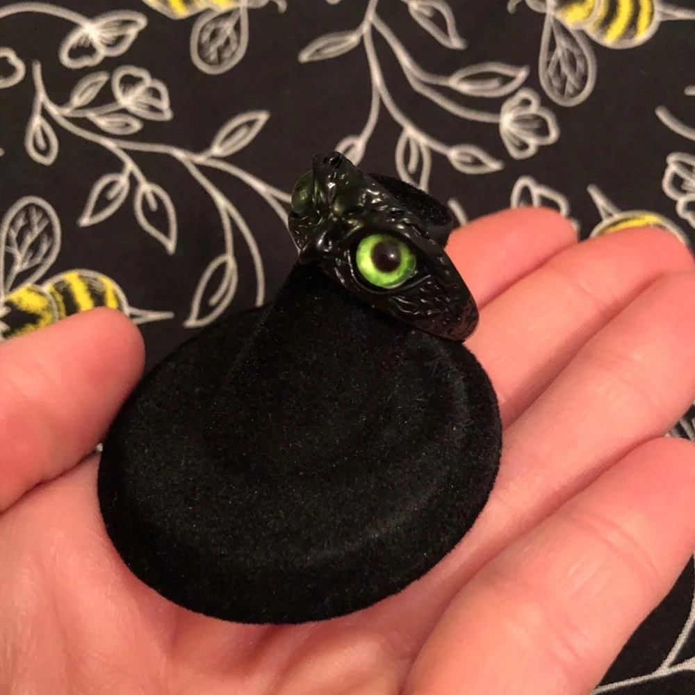 Black Owl Ring with Green Eyes